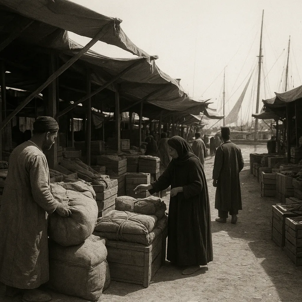 A Red Sea port merchant quarter, early twentieth century. Stalls display dried goods and packaged spices typical of the kharuf and khat trade.