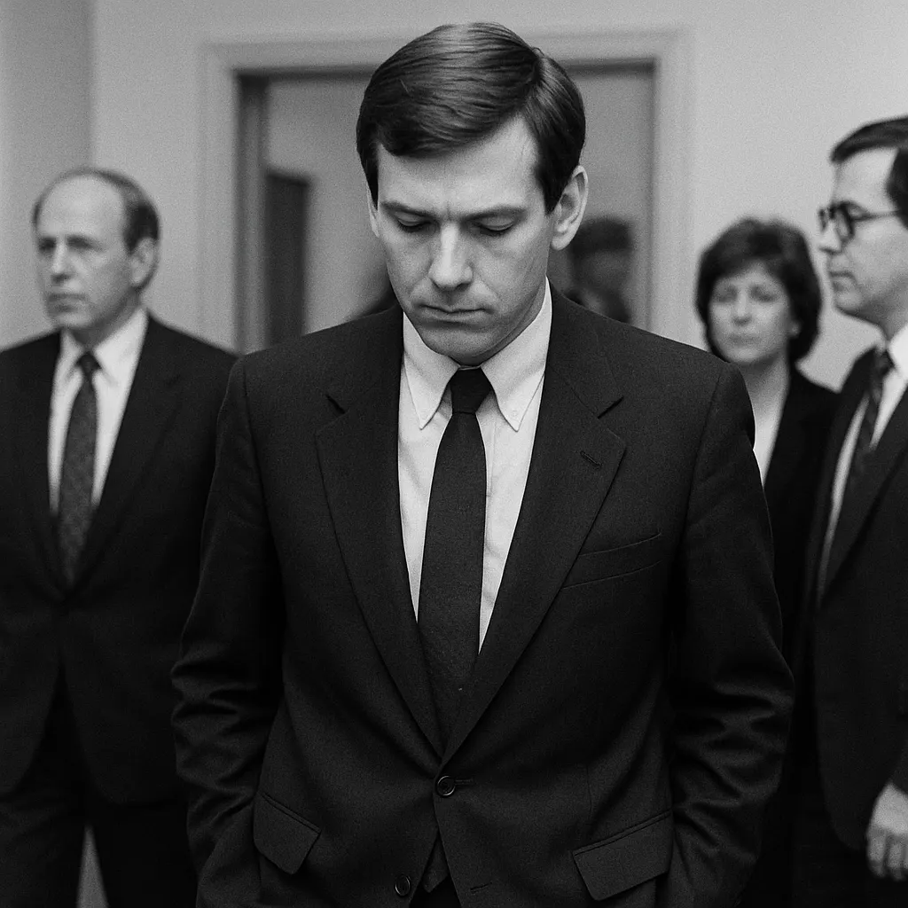 A man in a dark suit at a formal event, late 1980s. Black and white photograph.