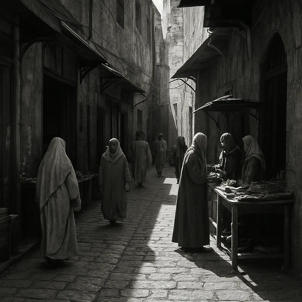 A narrow paved street in a walled city quarter, lined with small shop fronts and open stalls, pedestrians in period dress moving in afternoon light.