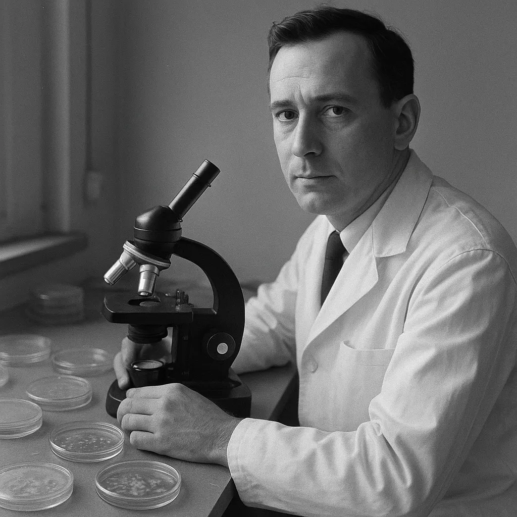 Microbiologist at bacterial culture work, Stanford laboratory, circa 1962.