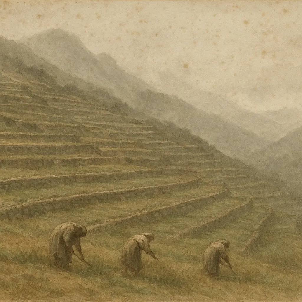 Highland terraced cultivation in southwestern Ethiopia, grain plots on sloped ground, early nineteenth century.