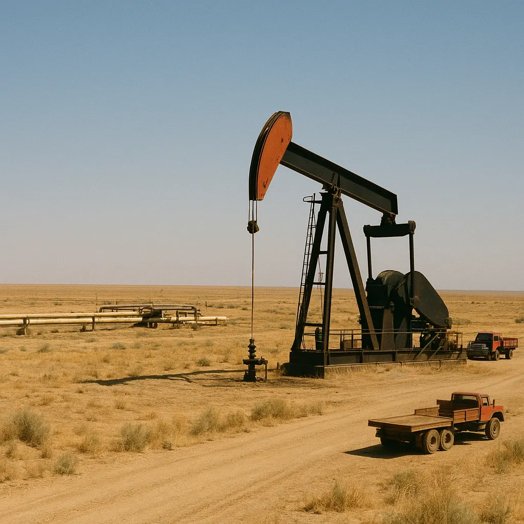 Oil extraction infrastructure in the Mangystau region, Kazakhstan, 1998. Colour film.