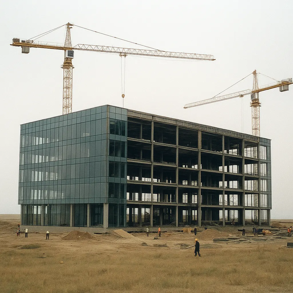 University building under construction on the steppe, during relocation from Almaty, 2019.