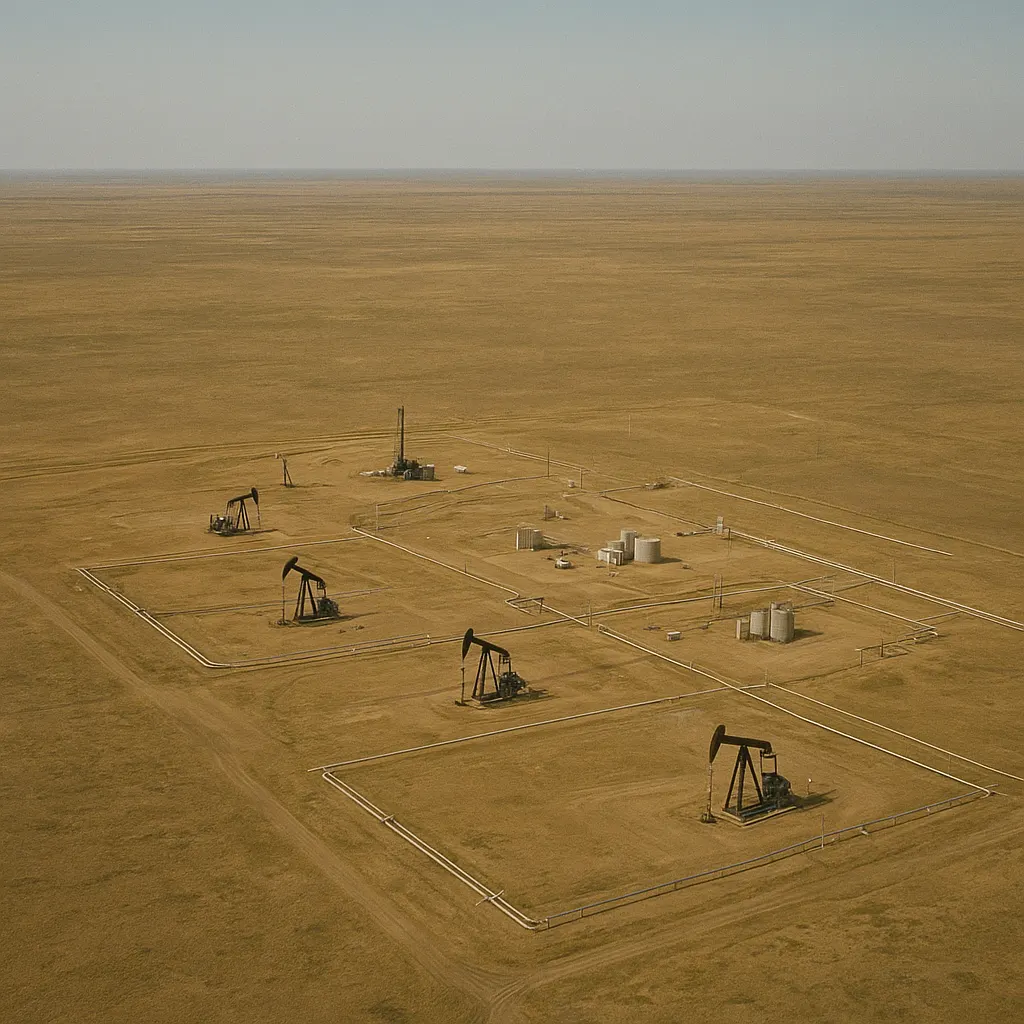 Oil extraction complex on Central Asian steppe, early twenty-first century. Colour photograph.