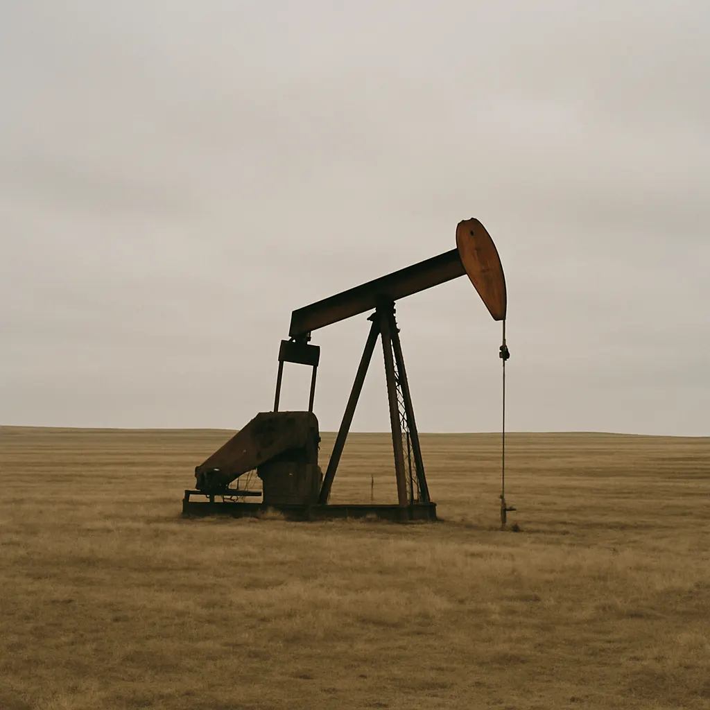 An oil pumping station on flat grassland under cloudy sky, with a single operational well head and steel frame structure visible against the horizon.