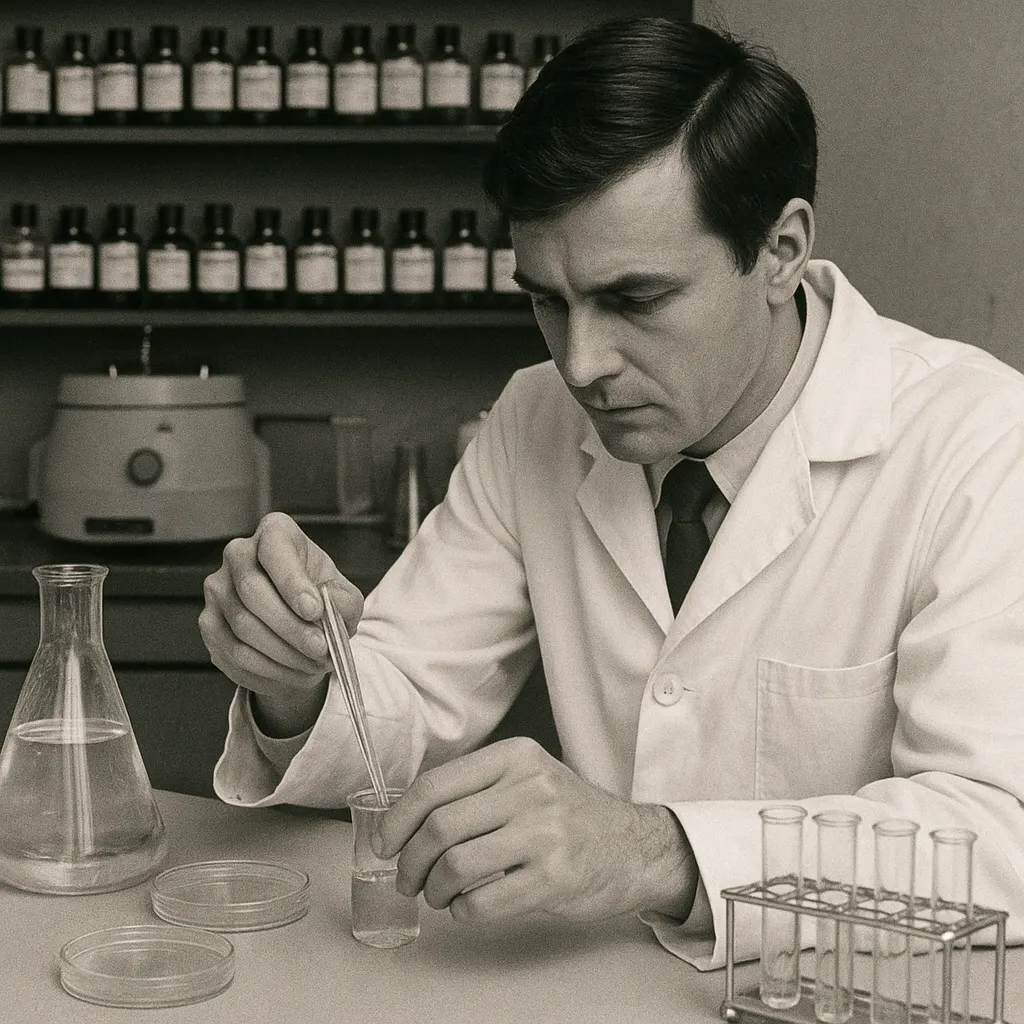Bacteriologist at work on serum standardization procedure, Cambridge, 1974. Black and white laboratory photograph.