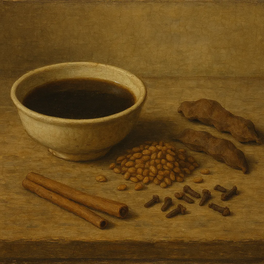 Kharuf ingredients and prepared brew, merchant's still life, Red Sea port city, circa 1840.