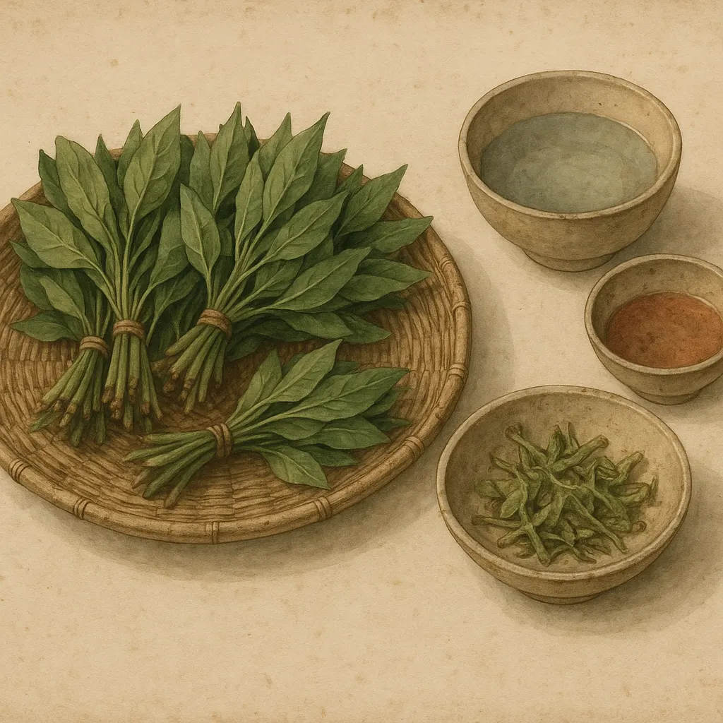 Khat leaves and serving vessels prepared for consumption, watercolour, seventeenth century. Shows the plant's leaves, the waste products of chewing, and the sherbet vessels used in accompanying ritual.