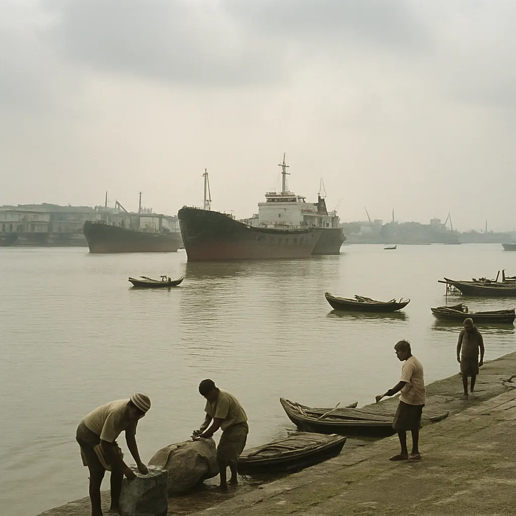 The Hooghly River port in monsoon season, with commercial and industrial vessels moored along the dock. Early 2000s.