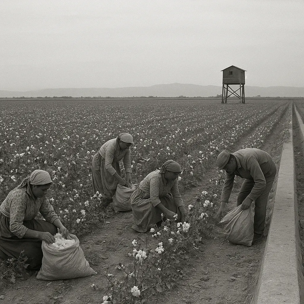 Cotton harvest at a Central Asian collective farm, late 1990s. Workers in a field with mountains visible, irrigated terrain.