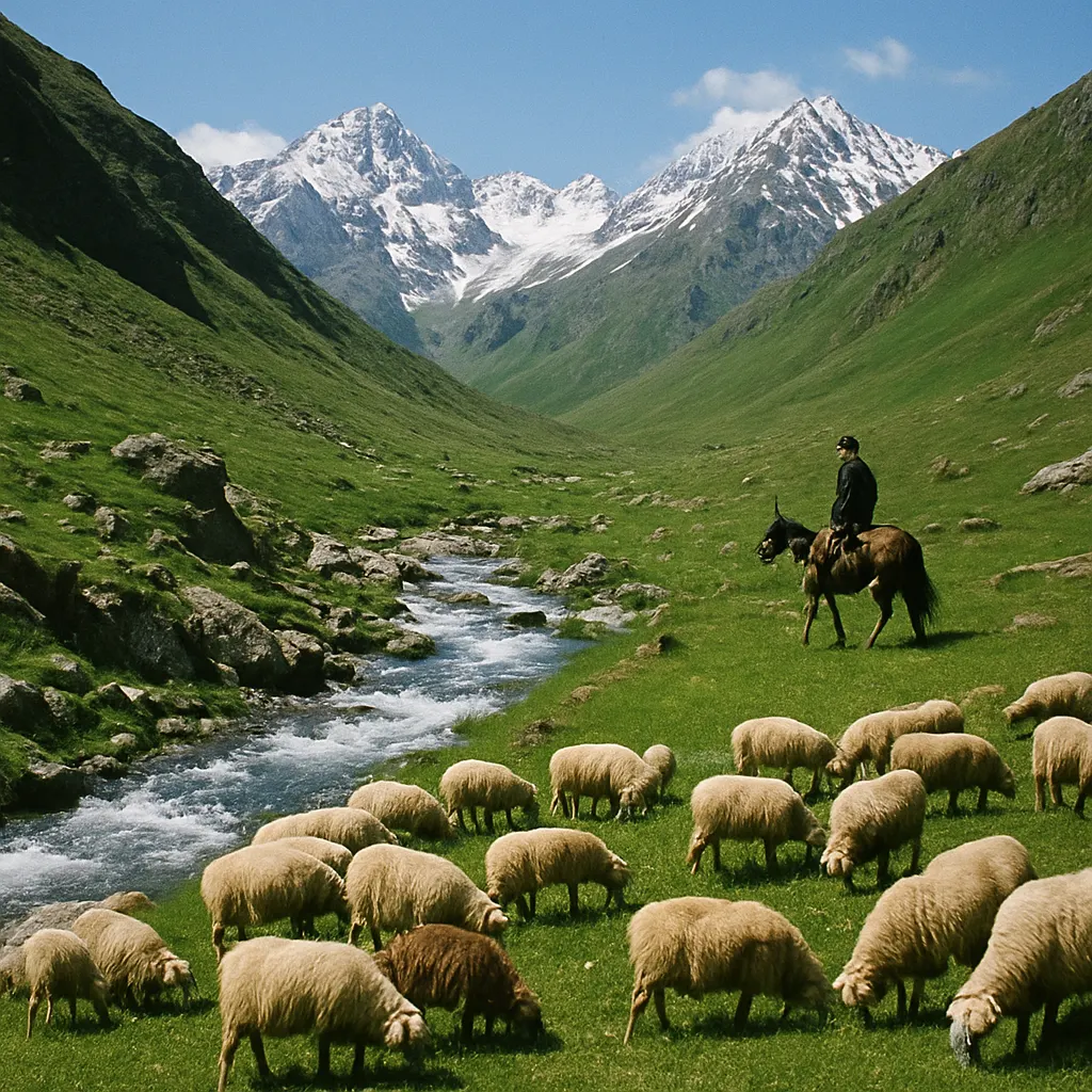 Herding in the high valleys, Kyrgyzstan, 1990s. Pastoral livestock farming remains the principal livelihood in mountainous regions.