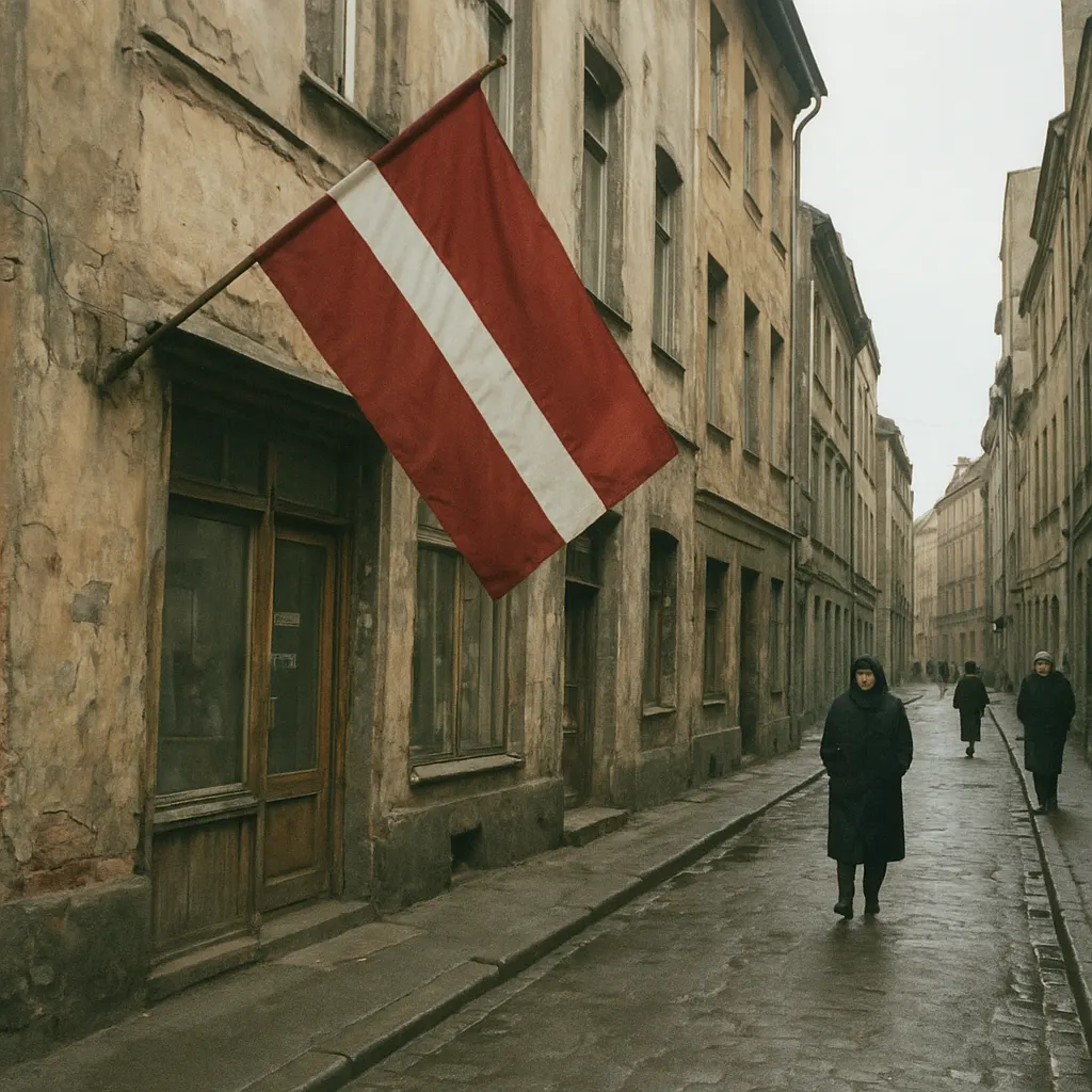 A Latvian flag above a shopfront in Riga's Old Town during the early independence period, 1994. Colour film, 35mm.