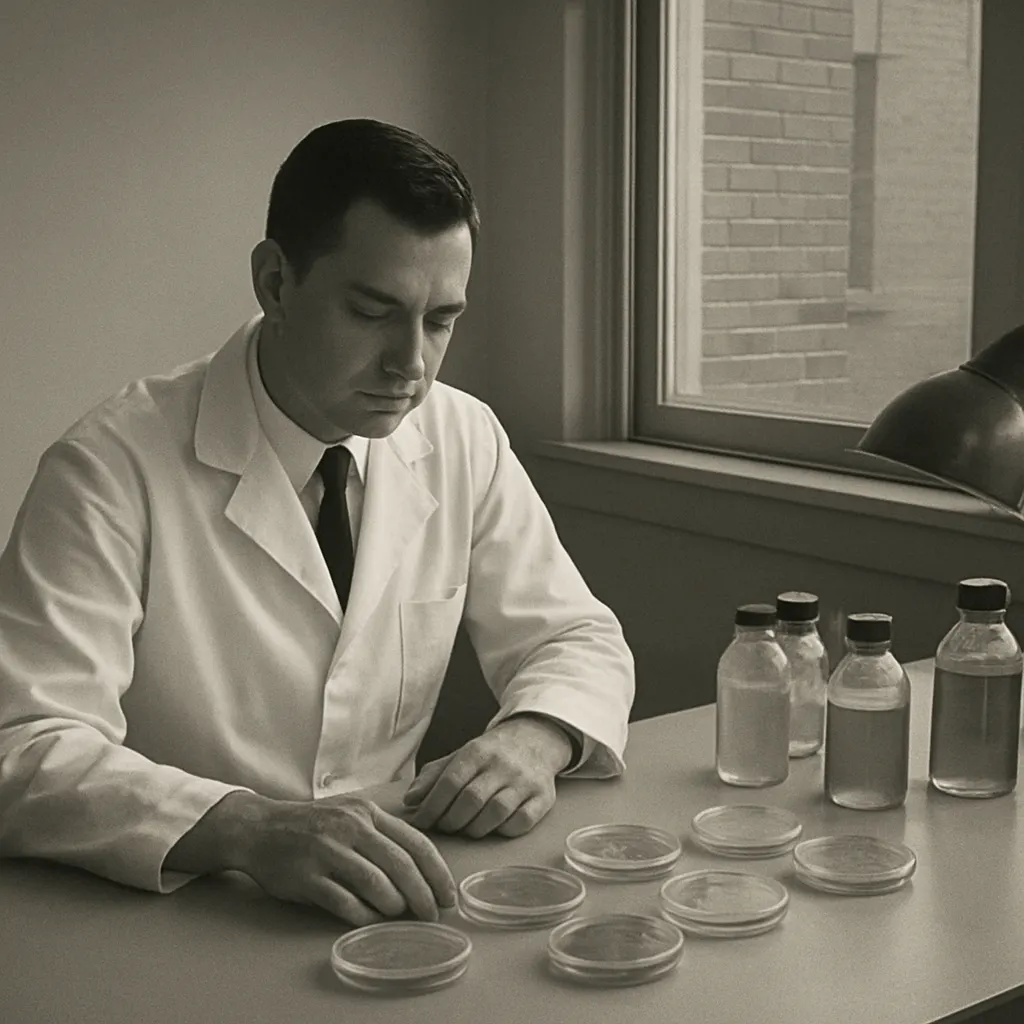 Microbiologist at work with bacterial cultures, Stanford laboratory, late 1950s.