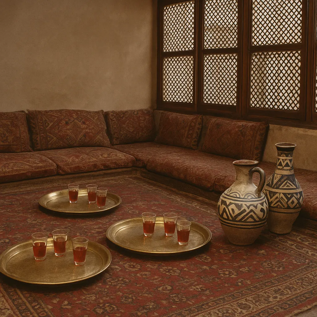 Interior of a traditional sherbet establishment in a Levantine city, showing the service vessels and seating arrangements characteristic of sherbethane culture from the seventeenth century onward. Ceramic, wood, brass, late twentieth-century photograph.