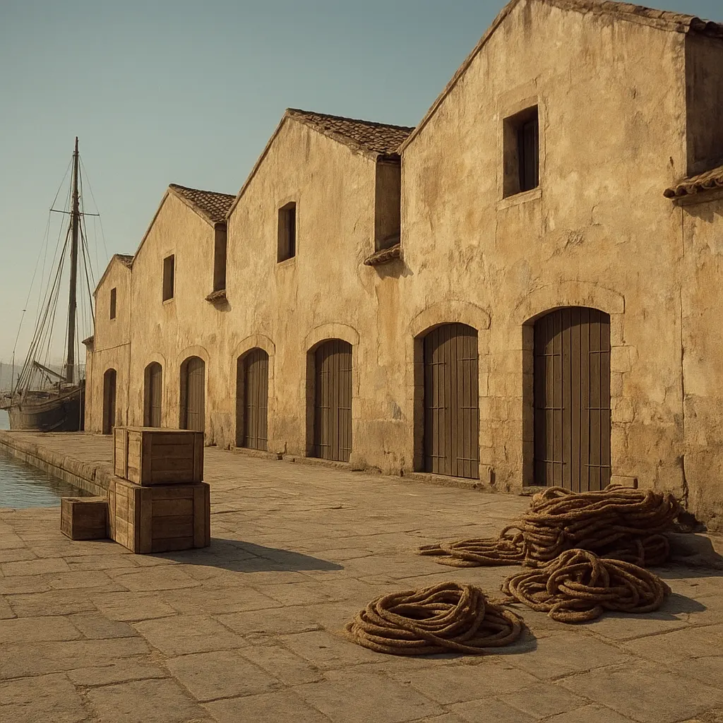 Riverfront warehouses in a European port city, where imported tea and cacao were stored and distributed inland, late twentieth century.
