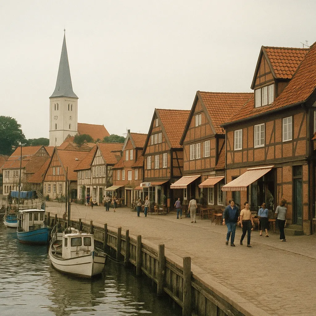 A coastal town with red-roofed buildings and a church spire, Baltic port city, late 1990s.