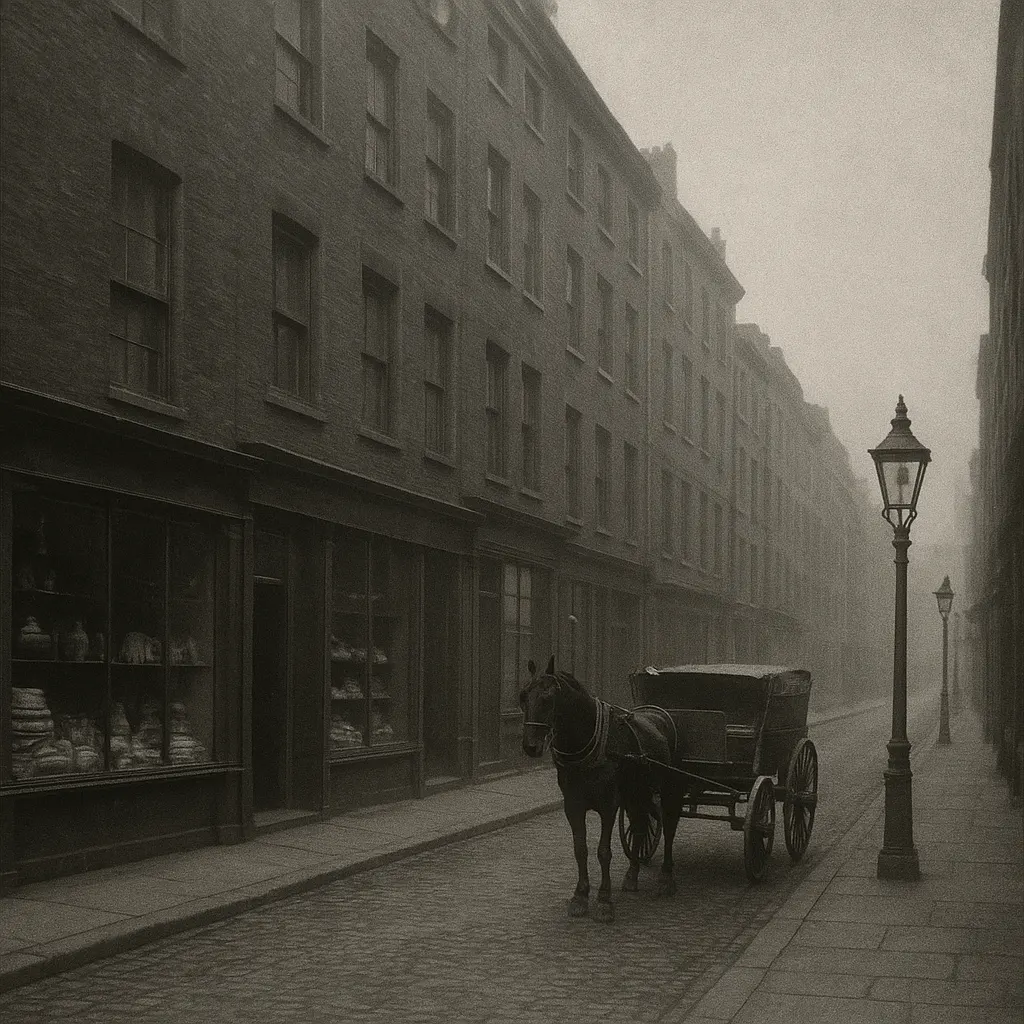 A merchant district street in London, late nineteenth century, showing the ceramic and textile warehouses that served the tea trade.