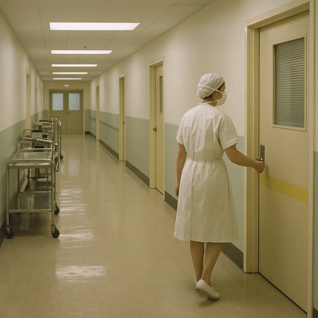 Hospital clean ward corridor with asepsis maximalism infrastructure, mid-twentieth century. Photograph.