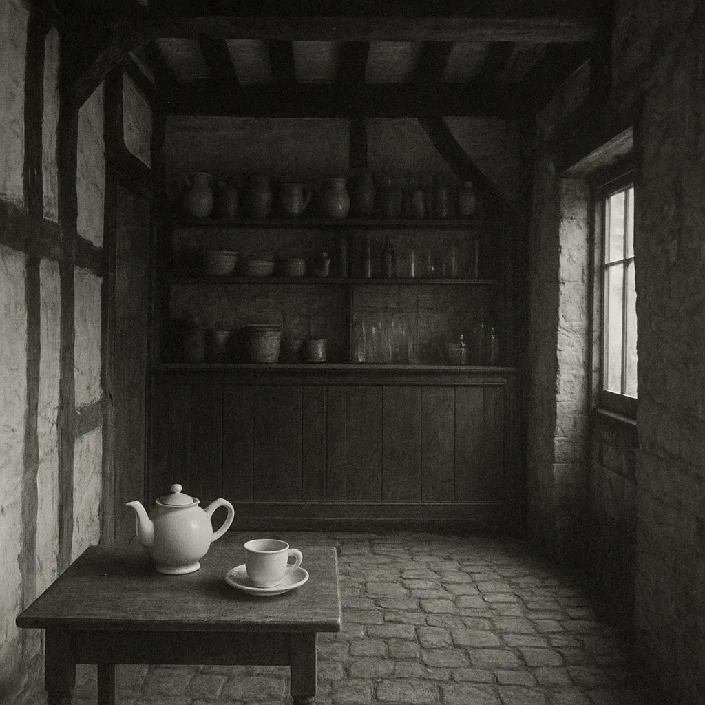 Interior of a preserved eighteenth-century teahouse in Lyon, showing ceramic service ware and merchant-class furnishings.