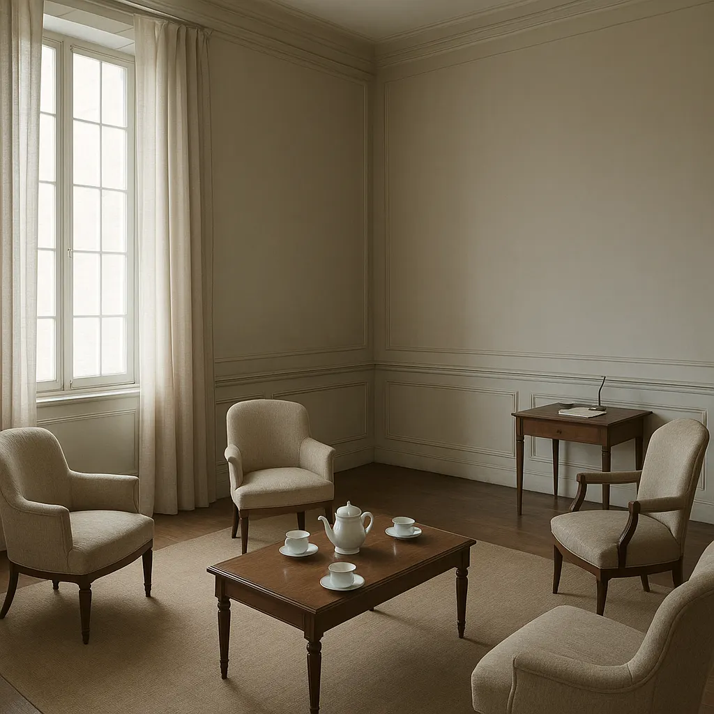 A room in a Parisian town house, set for intellectual gathering, with fine porcelain teacups and a low table, late eighteenth century.