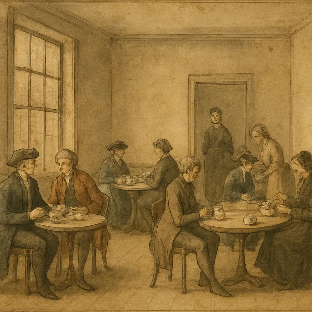 Interior of a mid-eighteenth-century Parisian teahouse with patrons seated at small tables, a woman proprietor visible in the background