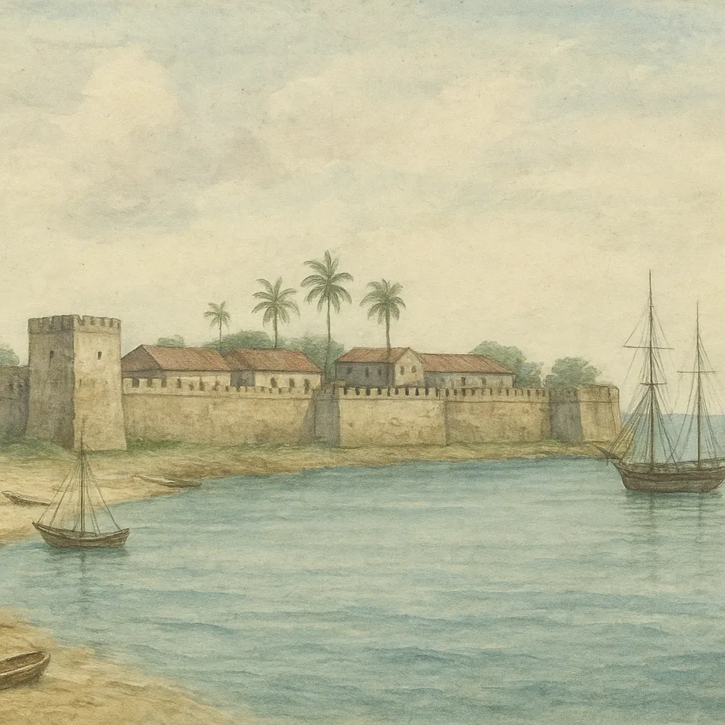 A fortified European trading settlement on the Coromandel Coast, showing warehouse complexes and anchorage, late eighteenth century.