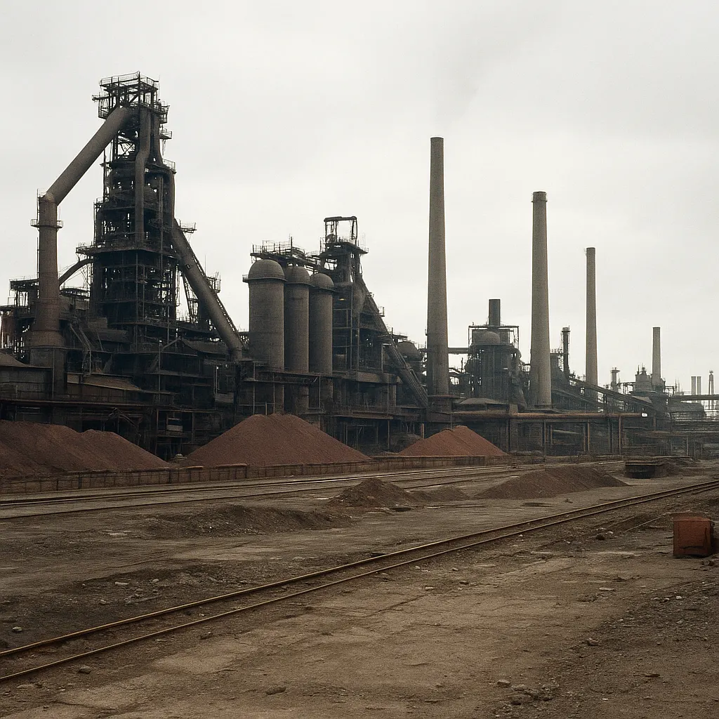 The Magnitogorsk Iron and Steel Works, viewed from the administrative district, showing the industrial landscape in its reduced operational state.