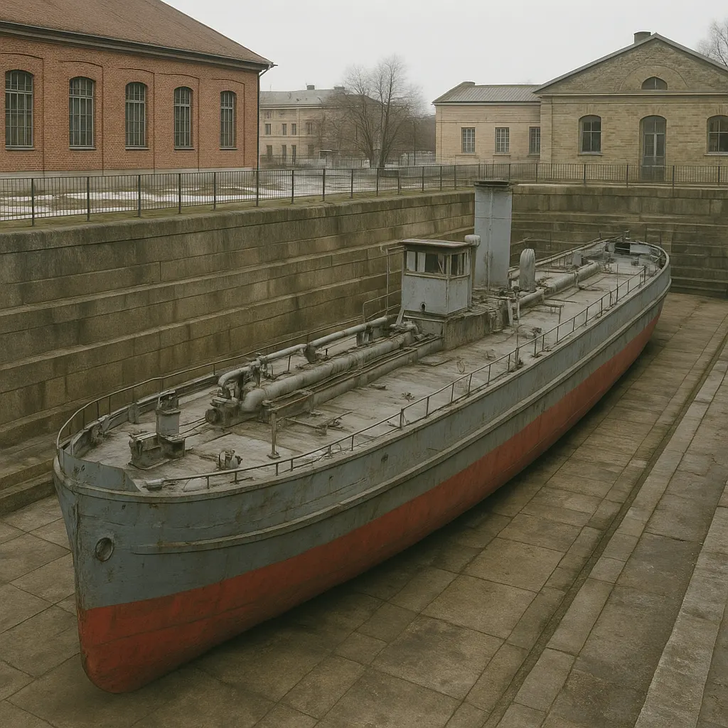 River tanker vessel in museum drydock, Siberian oil transport, early 2000s.