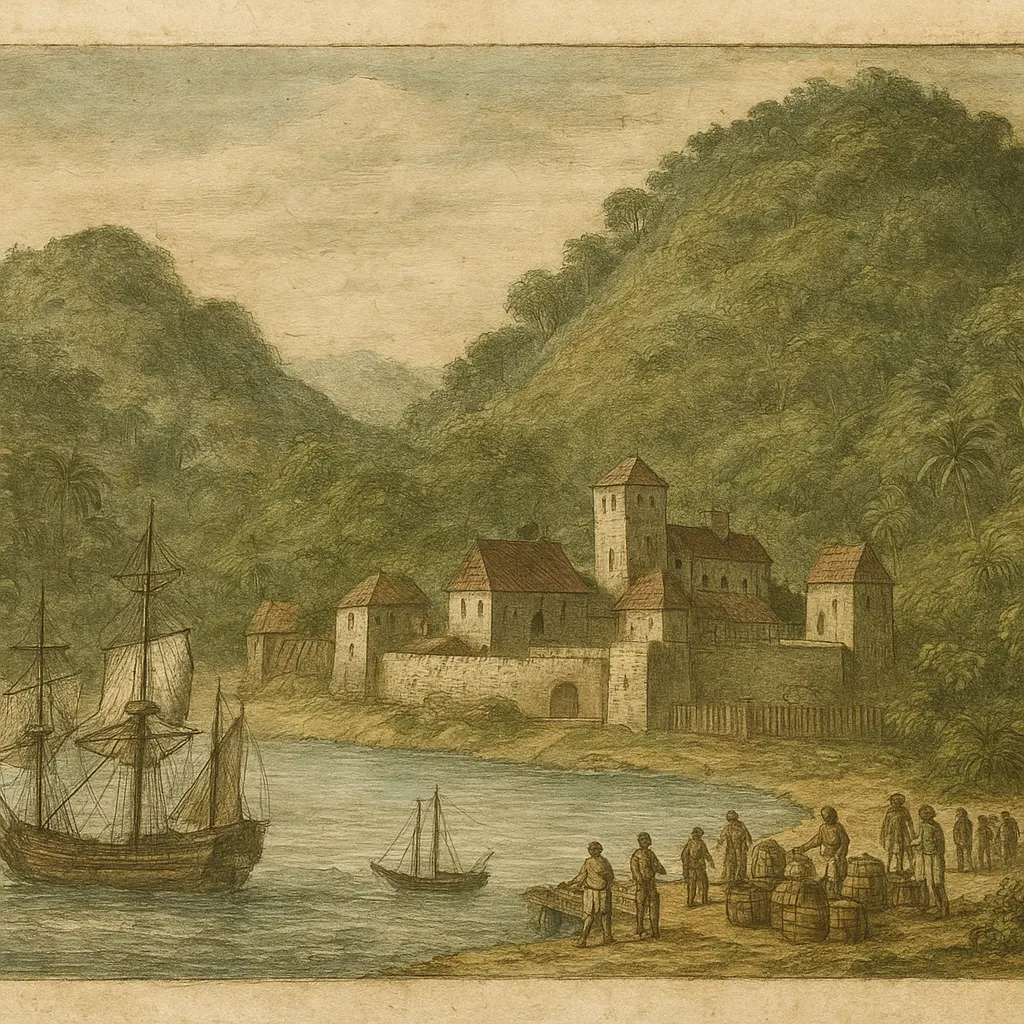 A fortified spice trade settlement in the eastern archipelago, late 17th century. Coloured engraving on paper.