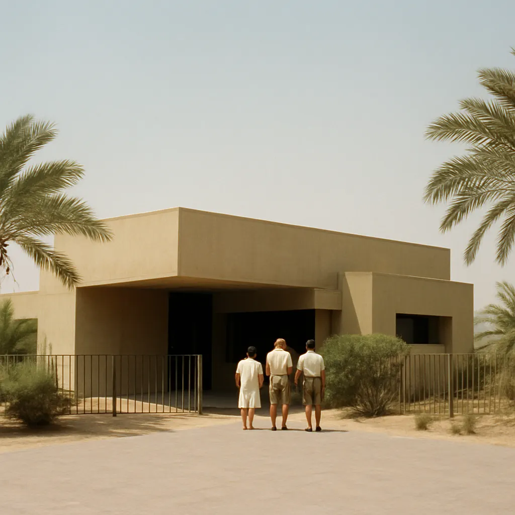 Union trading office compound on the outskirts of a major Arabian city, designed and constructed in the mid-1990s. Colour photograph, 1995.