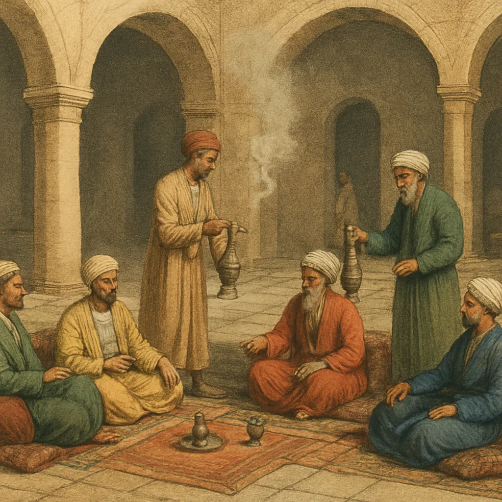 Interior of a sherbet and tobacco house, Mediterranean port city, eighteenth century.