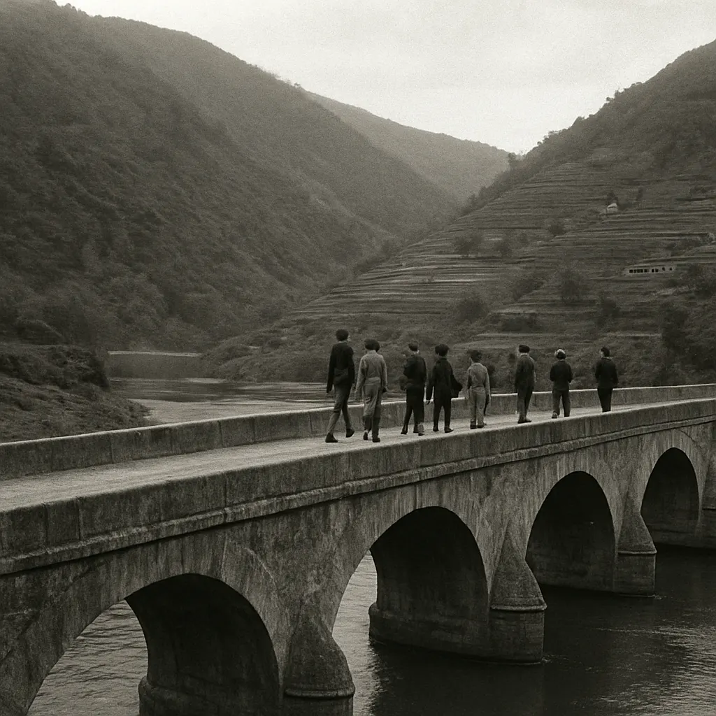A Ming-era stone bridge over a river valley in central China, early twentieth-century photograph. Stone construction from this period survives widely across the empire's territory.
