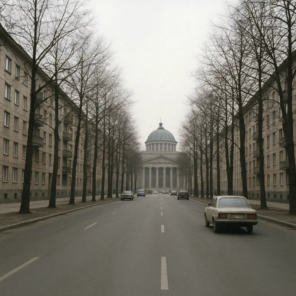 Central avenue in a post-Soviet capital, showing reconstructed administrative district and standardized housing, 1994