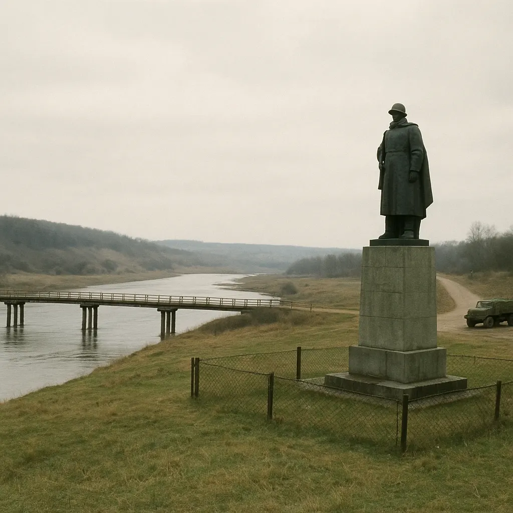 The Dniester River crossing at a ceasefire line, with Soviet-era military monument in Transnistria, 2005.