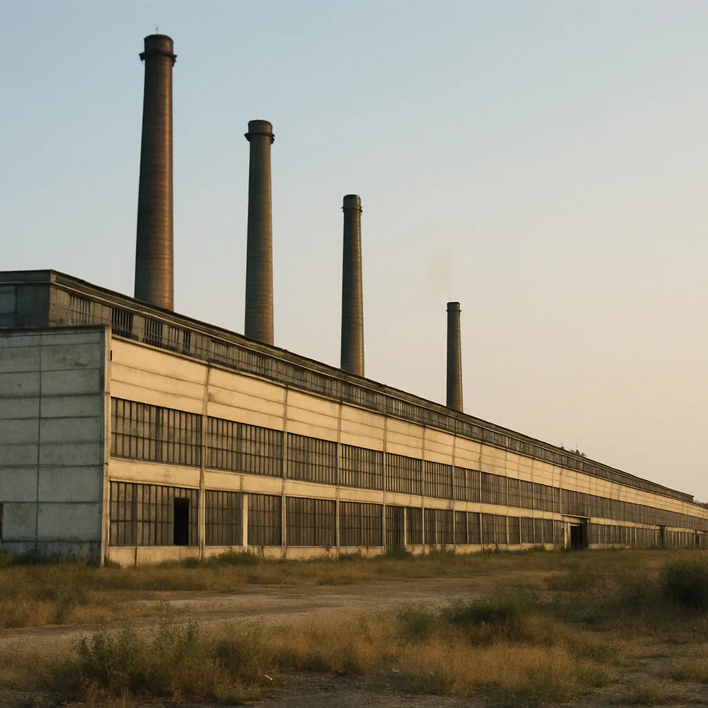 An industrial works in the eastern region, early 1990s. Soviet-era manufacturing plant in Transnistrian territory.