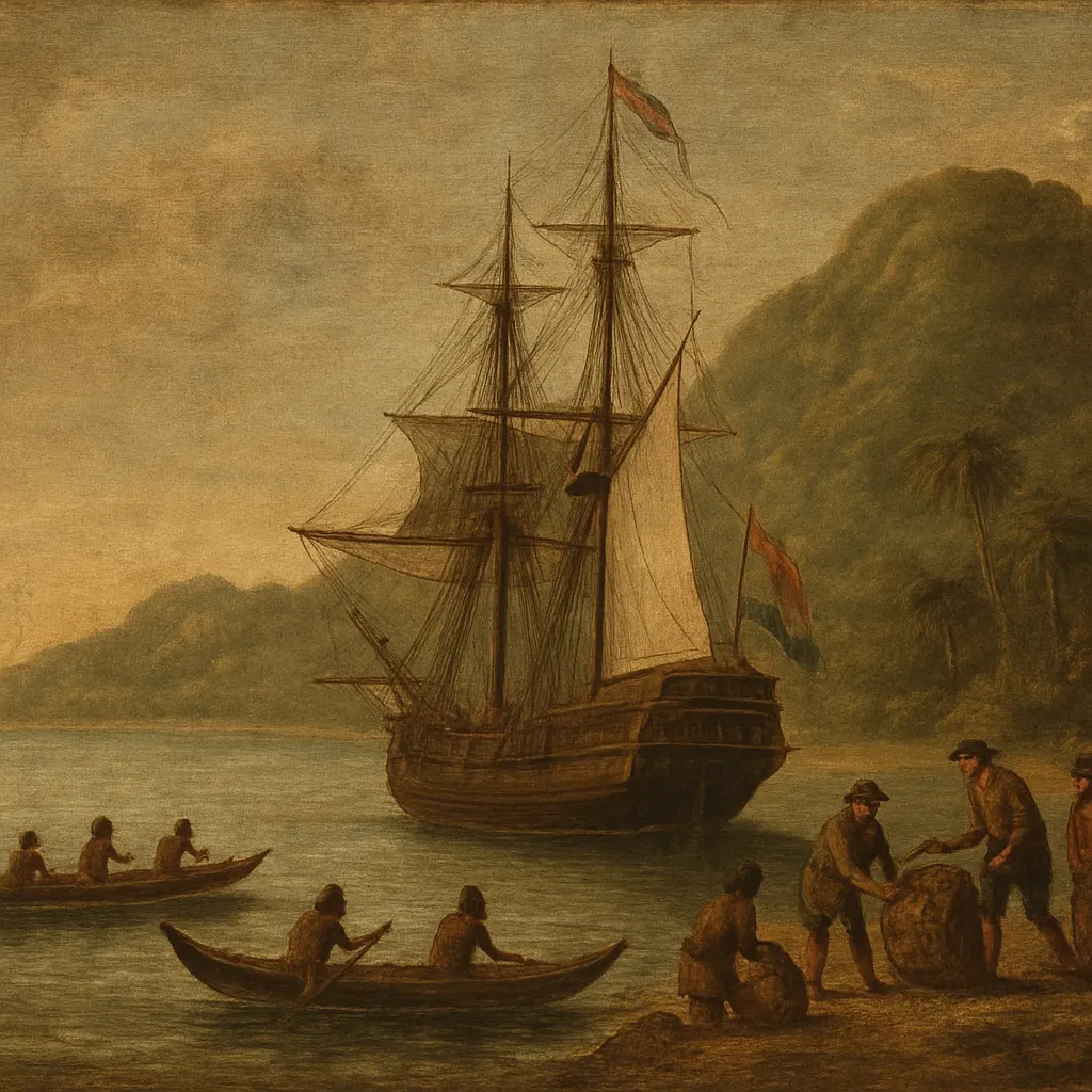 European merchant vessel loading spices in the eastern islands, seventeenth century. Oil on canvas.