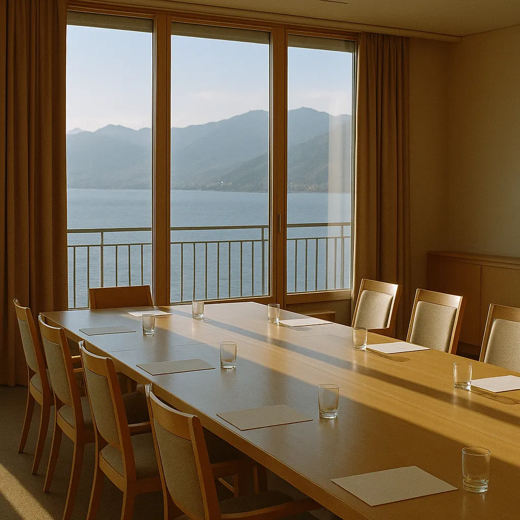 A hotel conference room on a lakeside avenue, afternoon light through tall windows, a long table set for negotiation with water glasses and notepads, chairs waiting and a view of distant mountains across the lake.