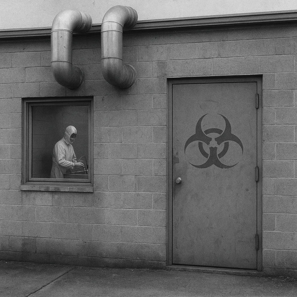 Mortuary entrance with segregated access and air filtration, showing occupational containment architecture, circa 1968.