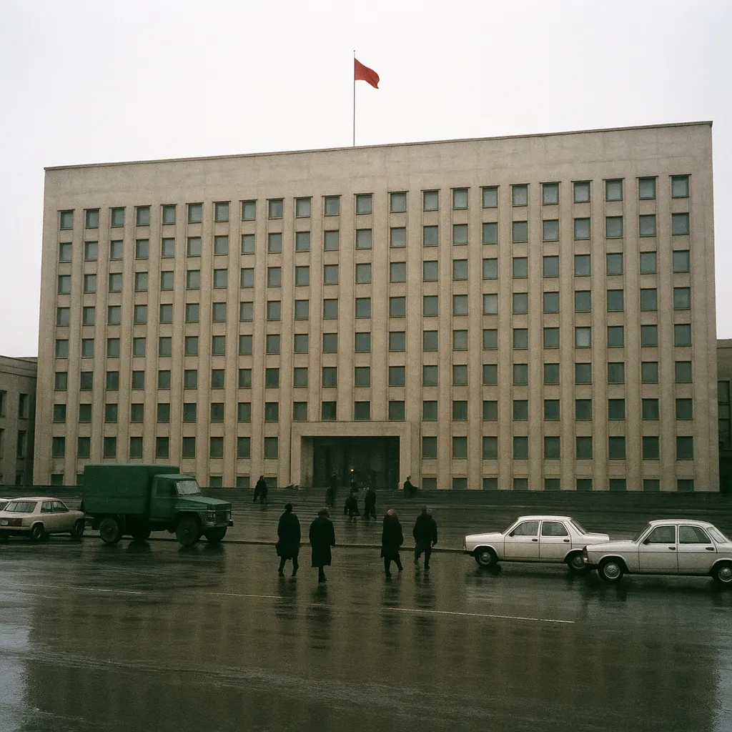 A Moscow government ministry building during the Union Rouble crisis, 1998. Photograph by a press agency documentarian.
