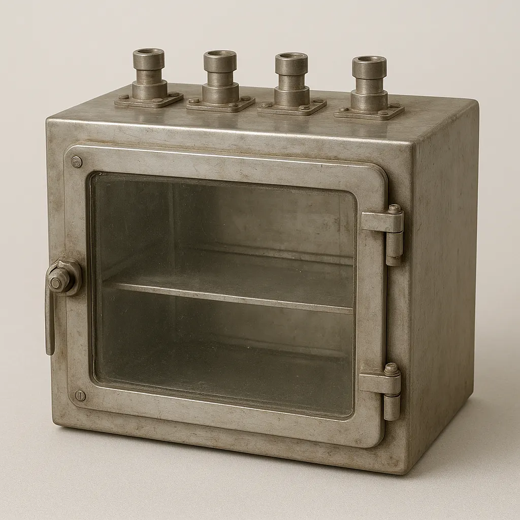 Isolation chamber from a mid-century hospital, used for aseptic preparation of serum therapy equipment, stainless steel and glass, circa 1962.