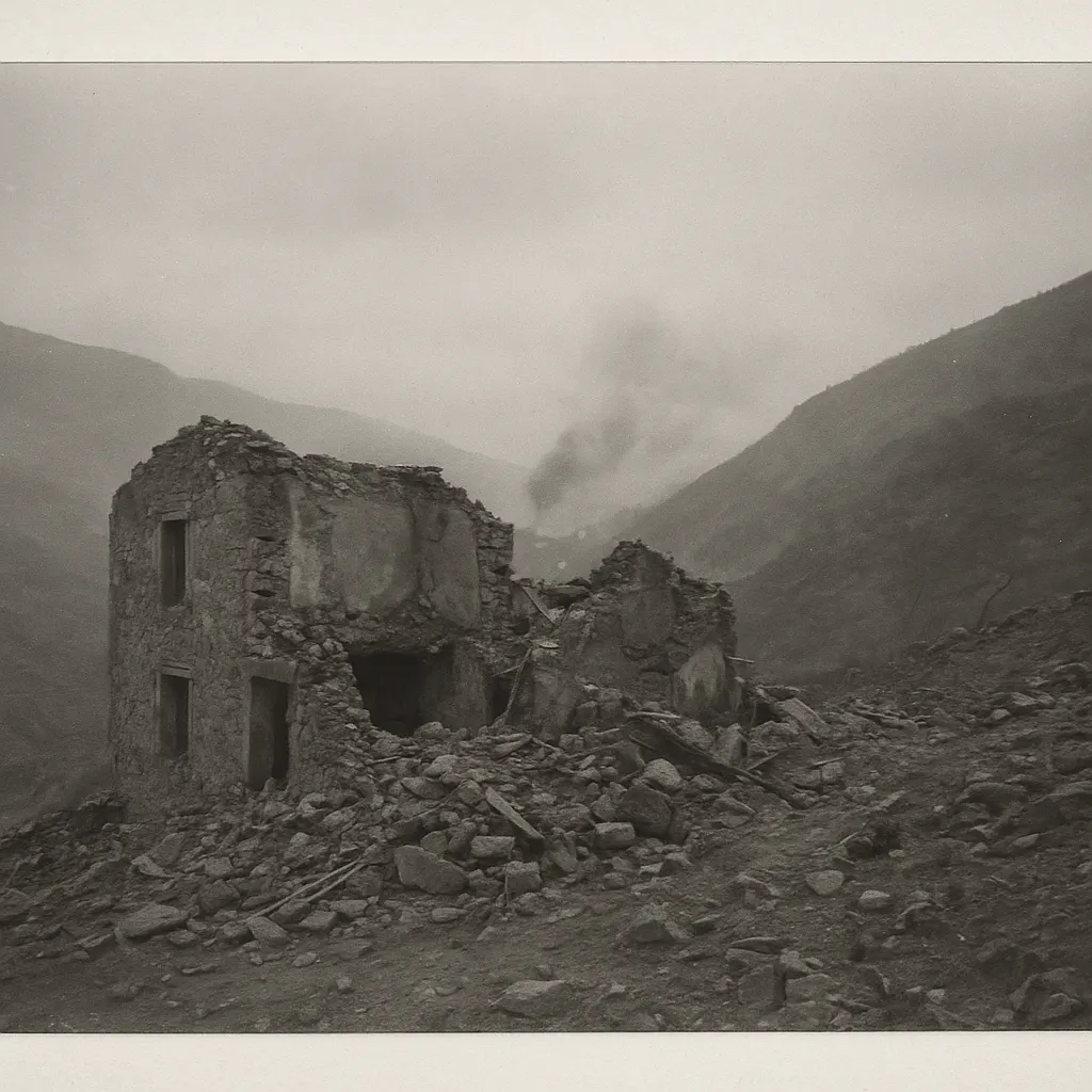 Destroyed building in Nagorno-Karabakh region, 1993. Film negative, handheld camera.