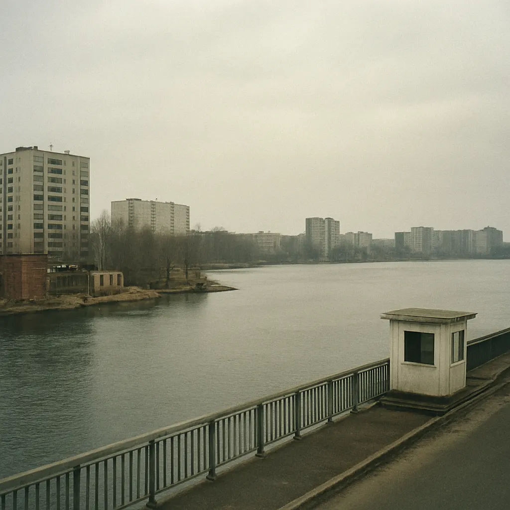 Border crossing on the Narva River between Estonia and the Russian Sovereign Republic, 1998. Colour film.
