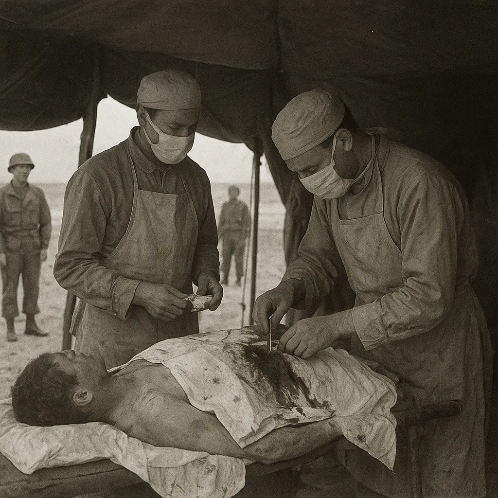 Forward surgical team treating a casualty near the beach, June 1944. Canvas tent, field operating table, cloth dressings.
