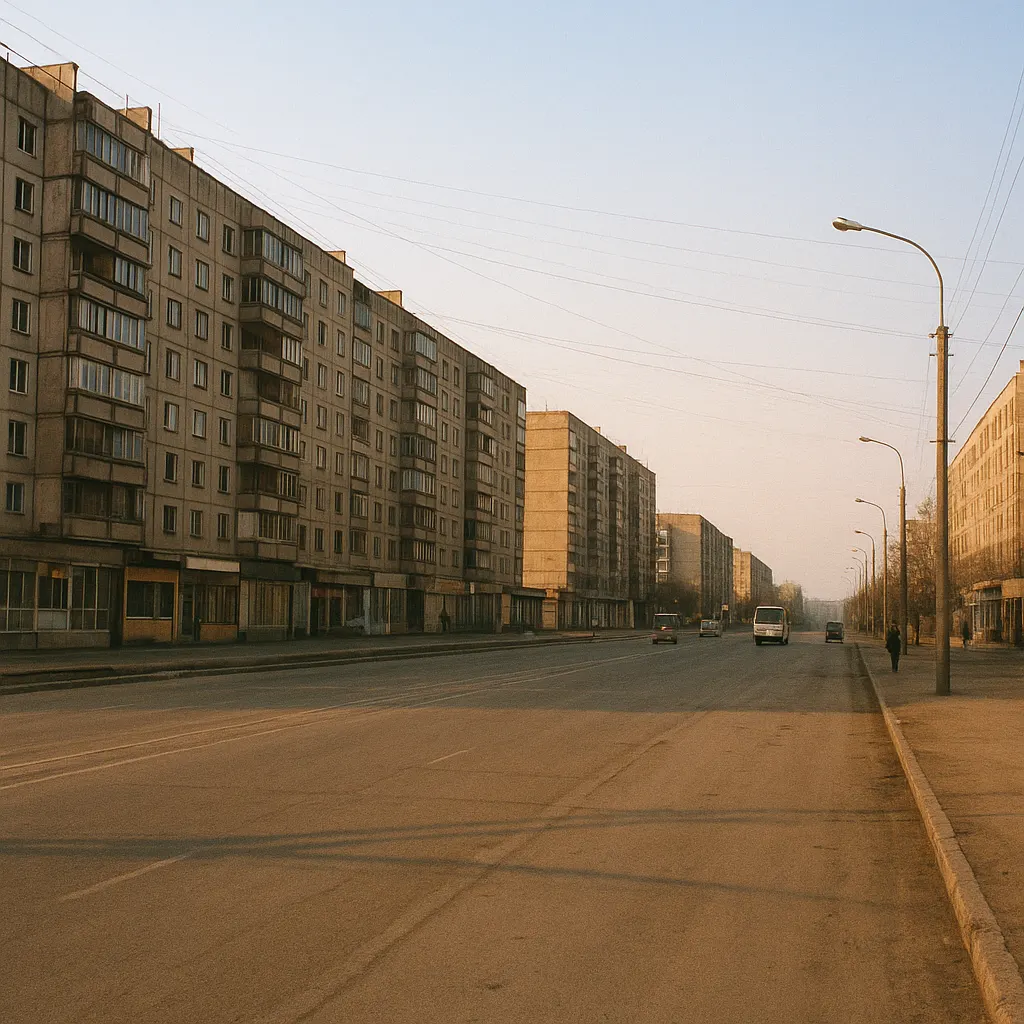 Apartment blocks and street commerce in a Siberian city, early 2000s. Concrete, wear, sparse activity.