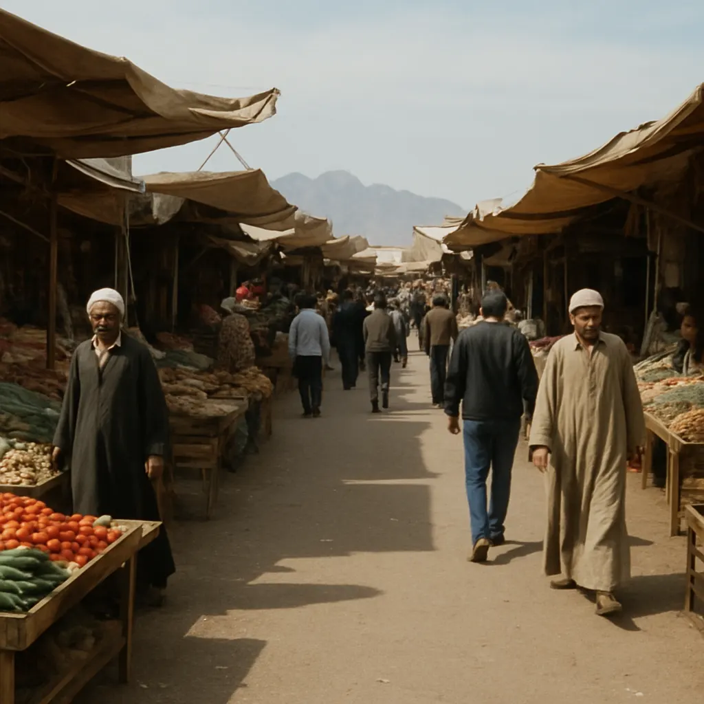 A market in a Central Asian valley city, showing daily commerce and mixed populations, mid-2000s.