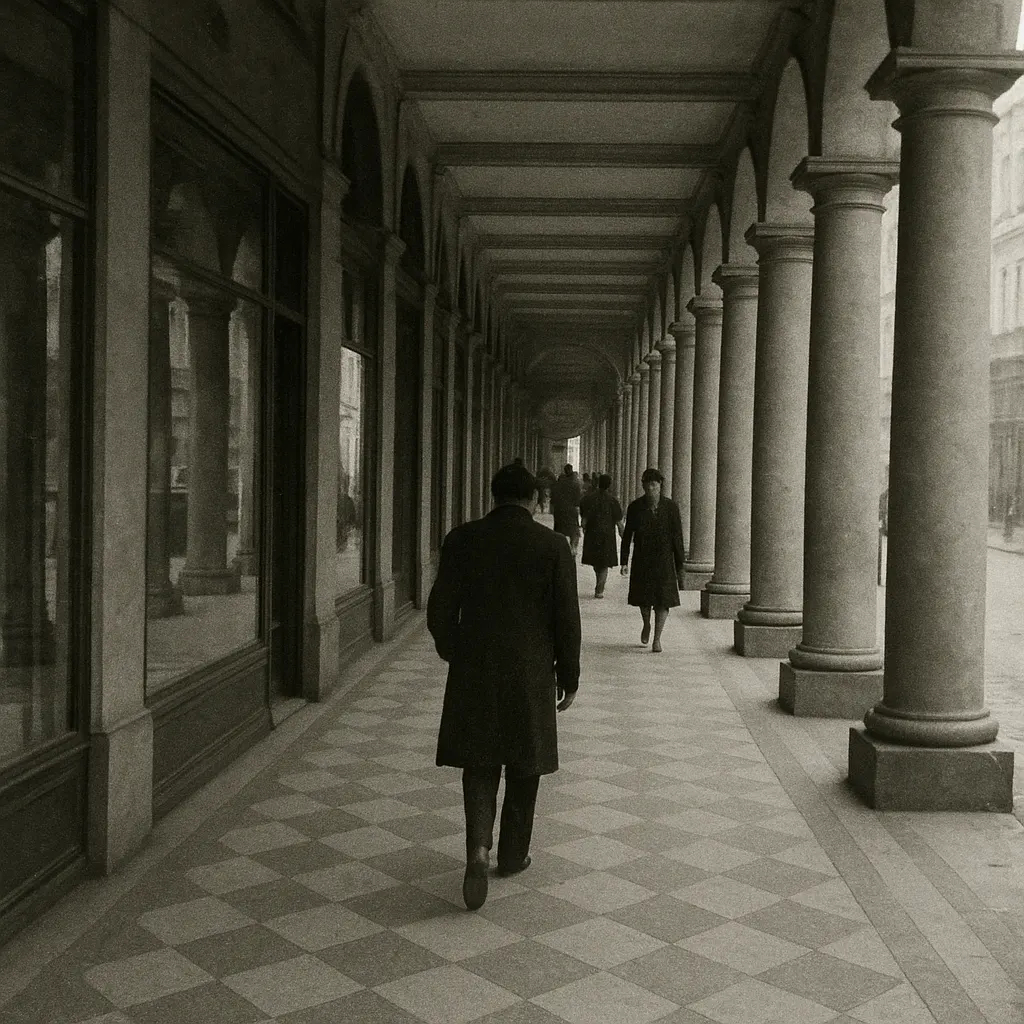 An arcade gallery in a covered passage complex, showing shops, columns, and pedestrian passage. Paris, mid-twentieth century.