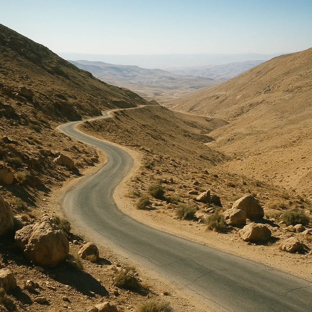 A section of the Pamir Highway at high elevation, road with truck, Pamir range, 1998