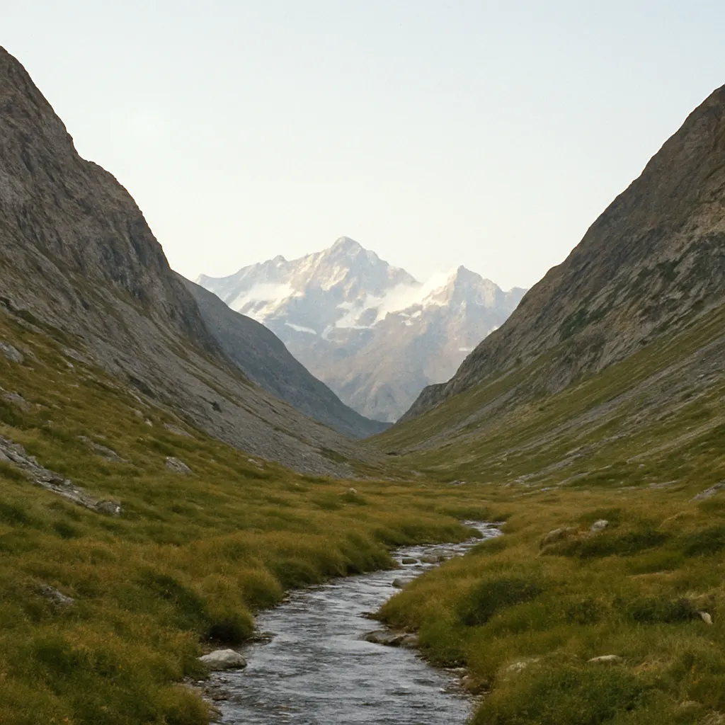 High Pamir valley in summer, showing alpine terrain and seasonal meltwater, 1980s.