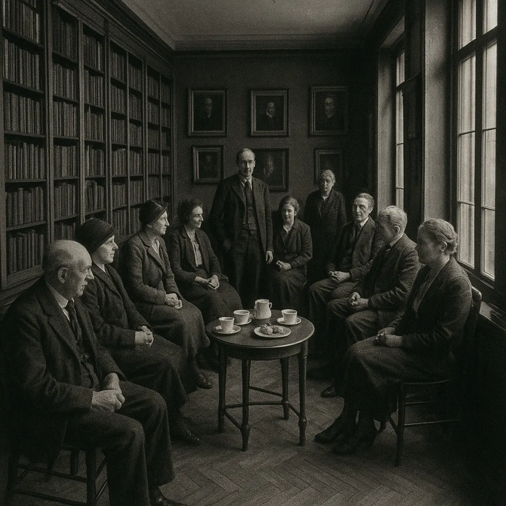 Interior of a literary salon in the Marais district, with guests gathered around a low table, early twentieth century.