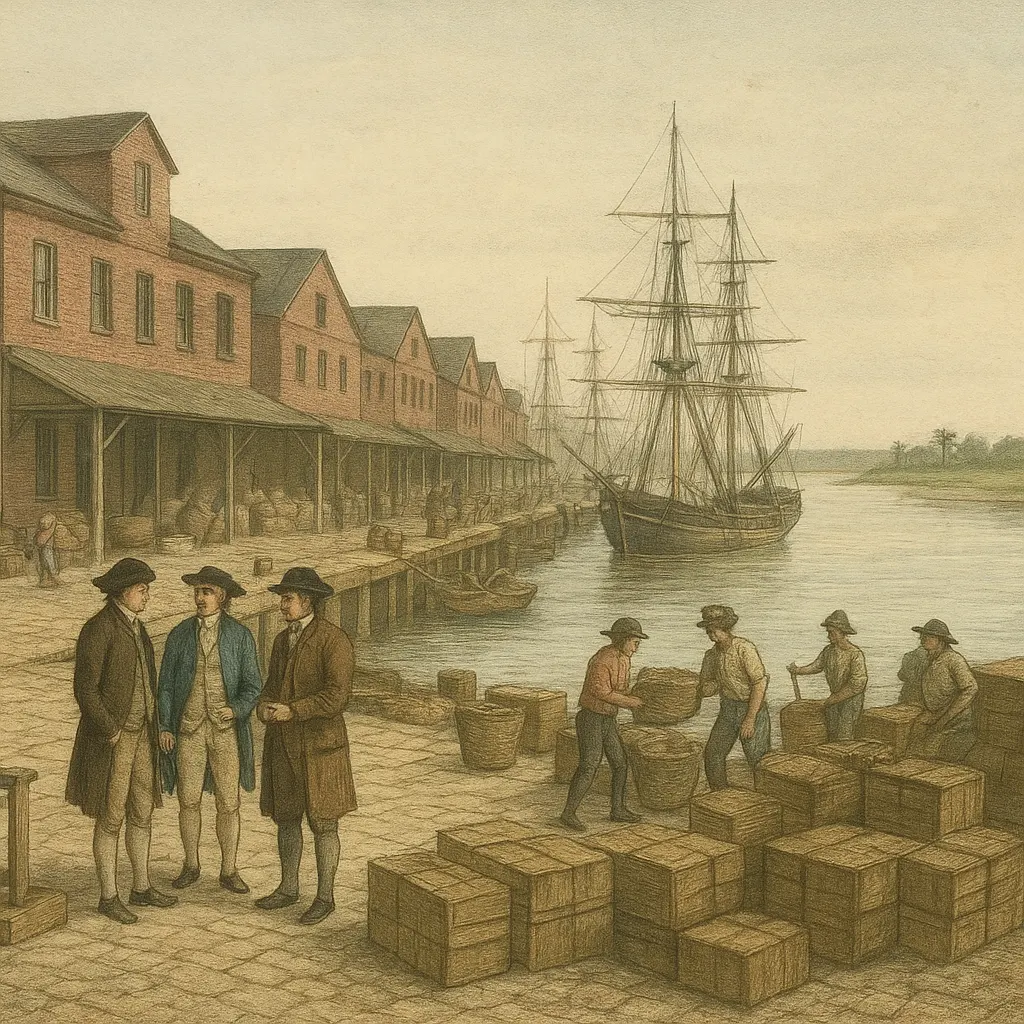 Patna warehouses and docks on the Ganges River, showing tea trade infrastructure in the 1790s.